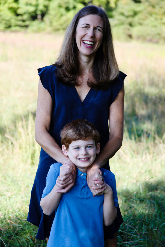 Mother and son get photographed for their holiday portrait cards near Durham, NC with Barbara Bell Photography.