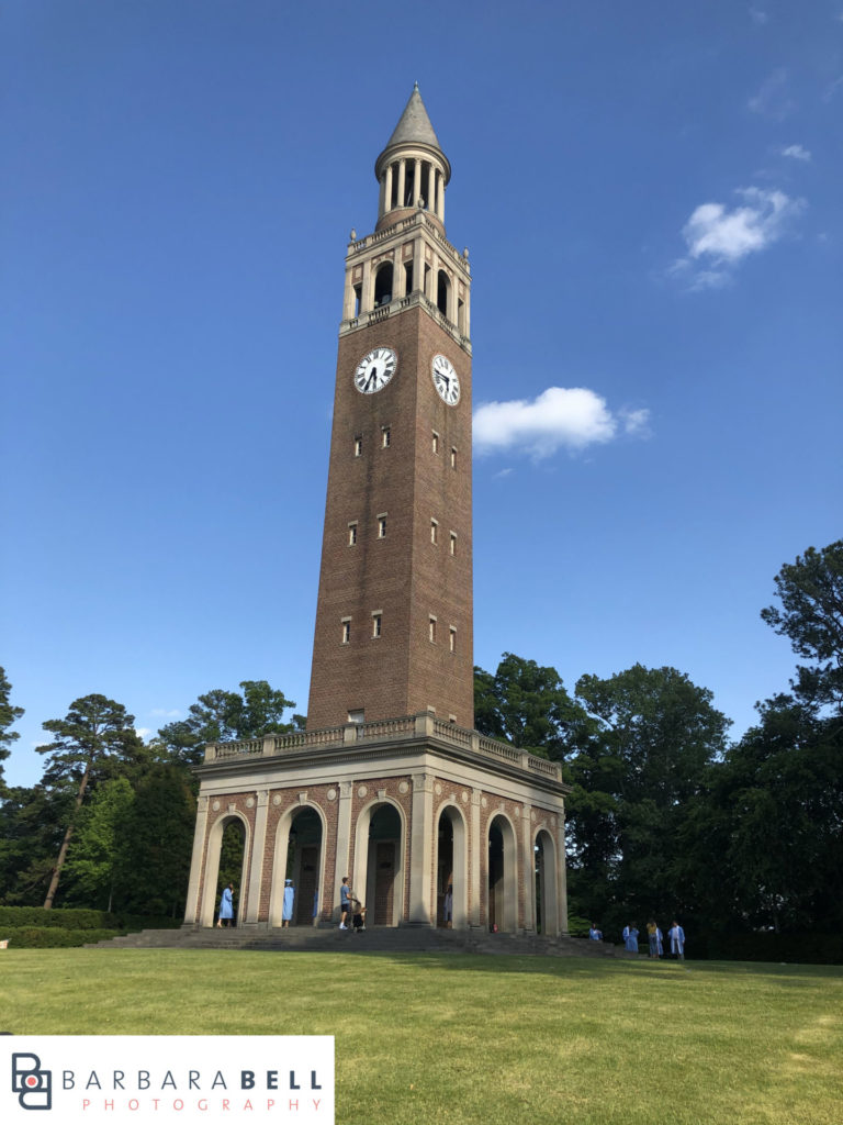 At the University of North Carolina at Chapel Hill, the bell tower can be seen from around campus, and is a perfect spot for your senior sessions with Barbara Bell Photography.