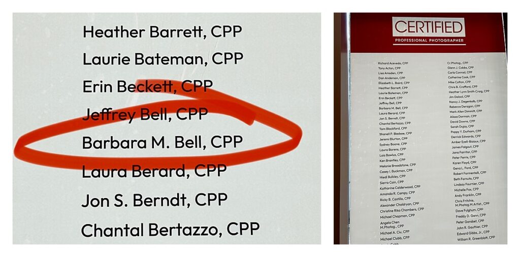 Barbara M. Bell, CPP circle in red next to the wall of names of Certified Professional Photographers