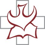 A line drawing of a bird above an open book in front of a cross.